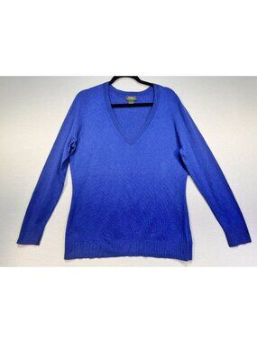 Eddie Bauer Womens Cotton Cashmere V-Neck Sweater  Size L Blue Long Sleeve